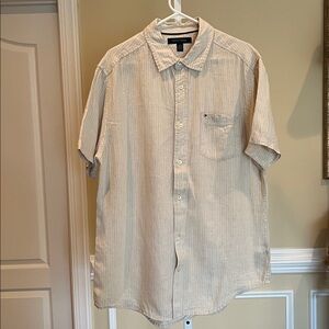 Men's Tommy Hilfiger Beige Stripe Linen Button Up Short Sleeve Shirt Size Large